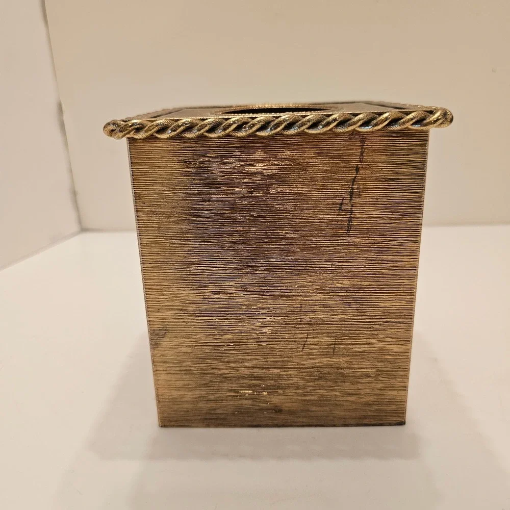 Vintage Stylebuilt Gold Metal Tissue Box Cover Tassel Rope Hollywood Regency MCM
